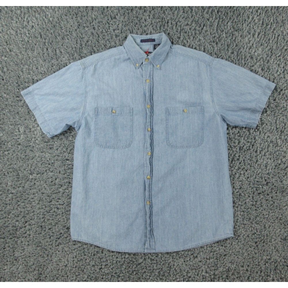 Reel Legends Shirt Mens Small Blue Fin Chambra Denim Short Sleeve Button Down